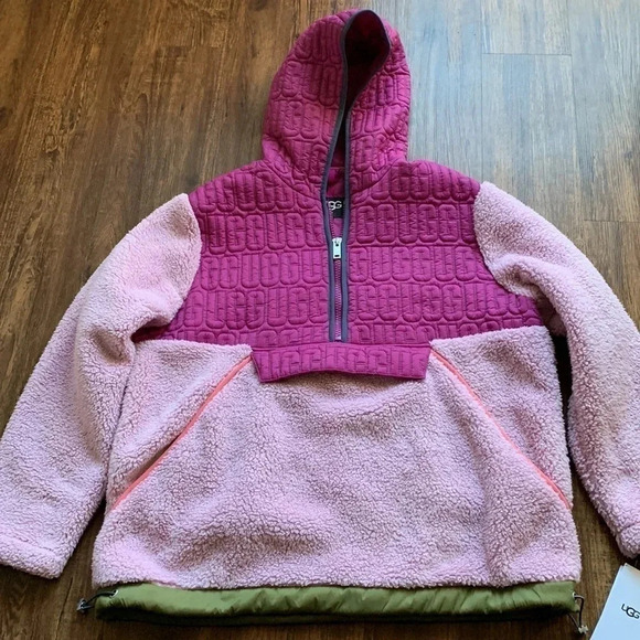 Ugg Women's Iggy Sherpa Jacket Half Zip Pink Lavender Breeze Size Large NWT - Picture 2 of 8
